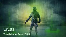  Presentation with abandoned - Presentation theme featuring civil defense - masked unrecognizable guard background and a ocean colored foreground