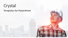  Presentation with builder - Cool new PPT theme with civil engineering - builder man against cityscape backdrop and a white colored foreground