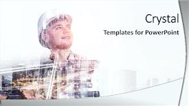  Presentation with evolution of man - Audience pleasing PPT layouts consisting of civil engineering - builder man against cityscape backdrop and a cool aqua colored foreground