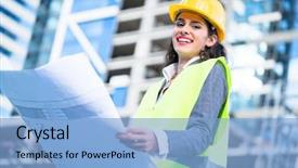  Presentation with construction site construction - Colorful presentation enhanced with civil engineering - female architect studying drafts while backdrop and a light blue colored foreground