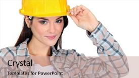  Presentation with builder - Audience pleasing PPT theme consisting of civil engineering - female builder touching hat backdrop and a coral colored foreground