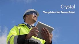  Presentation with safety construction - Presentation design with civil engineering concrete - construction engineer wearing safety vest background and a teal colored foreground