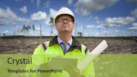  Presentation with civil engineering - Amazing PPT theme having civil engineering concrete - construction engineer wearing safety vest backdrop and a yellow colored foreground