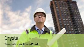  Presentation with civil engineering - Cool new PPT theme with civil engineering concrete - construction engineer wearing safety vest backdrop and a yellow colored foreground