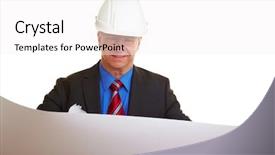  Presentation with building plans - Audience pleasing PPT theme consisting of civil engineering design - architect with white helmet holding backdrop and a white colored foreground