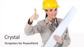  Presentation with engineering design - PPT layouts enhanced with civil engineering design - cheery female architect giving background and a white colored foreground