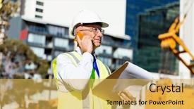  Presentation with construction site construction - Beautiful slide deck featuring civil engineering design - engineer builder at construction site backdrop and a yellow colored foreground