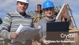  Presentation with building plans - Audience pleasing PPT theme consisting of civil engineering design - female and male building engineers backdrop and a violet colored foreground