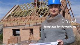  Presentation with building plans - Colorful slides enhanced with civil engineering design - female architect wearing blue helmet backdrop and a coral colored foreground