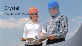  Presentation with civil engineering blue - PPT theme featuring civil engineering design - female investor and site manager background and a  colored foreground