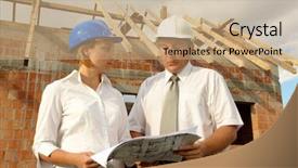  Presentation with house building plans - Presentation theme having civil engineering design - female investor discussing building plans background and a coral colored foreground