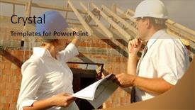  Presentation with building plans - Presentation theme enhanced with civil engineering design - female investor discussing building plans background and a coral colored foreground