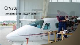  Presentation with ac motor - PPT theme having civil engineering hangar - handyman checking up motor background and a light blue colored foreground