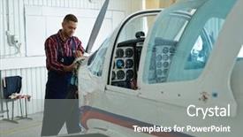  Presentation with propeller - Slides having civil engineering hangar - young mechanic checking condition background and a gray colored foreground
