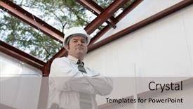  Presentation with steel construction - Amazing presentation theme having civil engineering surveying - construction inspector standing inside backdrop and a light gray colored foreground