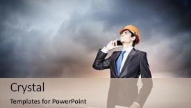  Presentation with engineering desk of civil engineer - PPT theme featuring civil project report - young man engineer in helmet background and a  colored foreground