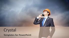  Presentation with phone - Presentation design enhanced with civil project report - young man engineer in helmet background and a  colored foreground