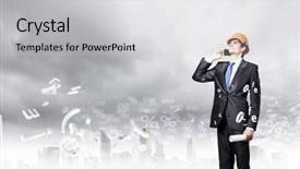  Presentation with mechanical engineering engineer tools - Presentation design having civil project report - young man engineer in helmet background and a light gray colored foreground