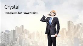  Presentation with phone - Presentation theme enhanced with civil project report - young man engineer in helmet background and a  colored foreground