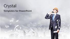  Presentation with phone - Beautiful theme featuring civil project report - young man engineer in helmet backdrop and a light gray colored foreground