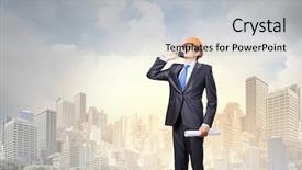  Presentation with phone - Presentation design consisting of civil project report - young man engineer in helmet background and a  colored foreground