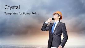  Presentation with phone - Presentation theme consisting of civil project report - young man engineer in helmet background and a  colored foreground