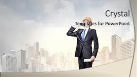  Presentation with engineering desk of civil engineer - Presentation design featuring civil project report - young man engineer in helmet background and a light gray colored foreground