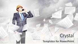  Presentation with phone - Amazing PPT theme having civil project report - young man engineer in helmet backdrop and a sky blue colored foreground