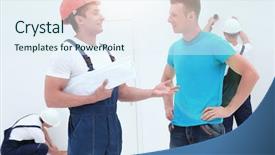 Presentation with foreman - Colorful PPT layouts enhanced with civil projects - foreman and architect discussing construction backdrop and a sky blue colored foreground