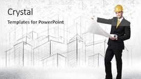  Presentation with construction - PPT layouts enhanced with civil projects - handsome construction specialist with city background and a white colored foreground