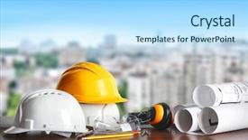  Presentation with construction equipment - Colorful presentation theme enhanced with civil protection - construction concept architect equipment helmets backdrop and a light blue colored foreground