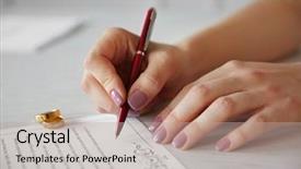  Presentation with marriage revive - Beautiful slides featuring civil register - woman signing marriage contract closeup backdrop and a mint green colored foreground