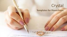  Presentation with marriage - Theme consisting of civil register - woman signing marriage contract closeup background and a lemonade colored foreground