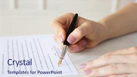  Presentation with marriage - Theme having civil register - woman signing marriage contract closeup background and a sky blue colored foreground