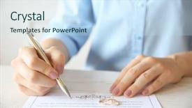  Presentation with contract and law - Beautiful slides featuring civil register - woman signing marriage contract closeup backdrop and a sky blue colored foreground