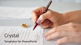  Presentation with marriage - Amazing theme having civil register - woman signing marriage contract closeup backdrop and a light gray colored foreground