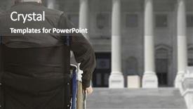  Presentation with wheelchair - Presentation with close of businesswoman making announcement in paper trumpet background and a light gray colored foreground