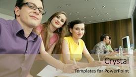  Presentation with women - Theme enhanced with claire - smiling man and women background and a coral colored foreground