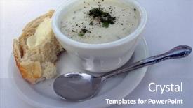 Presentation with clam - Slide set with clam chowder in a bowl with a piece of french bread with butter and a spoon background and a gray colored foreground
