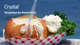  Presentation with clam - Slides consisting of clam chowder in a sourdough bread bowl on a wooden fishing dock background and a ocean colored foreground