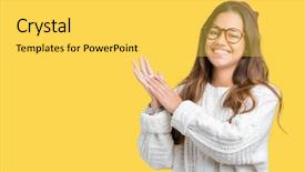  Presentation with joyful - Presentation consisting of clap - young beautiful brunette hipster woman background and a yellow colored foreground