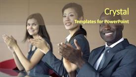  Presentation with virtual team meeting - Beautiful presentation featuring clap board - business team applauding while backdrop and a violet colored foreground