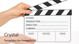  Presentation with clapboard - Beautiful PPT theme featuring clap board - cinema clapboard in hands isolated backdrop and a  colored foreground