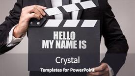  Presentation with clapboard - PPT theme consisting of clapboard - hello my name is background and a dark gray colored foreground