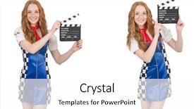  Presentation with clapper - Cool new PPT theme with young beautiful woman holding clapper backdrop and a white colored foreground
