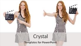  Presentation with clapper - PPT layouts enhanced with young beautiful woman holding clapper background and a light gray colored foreground