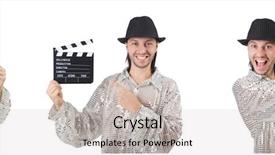  Presentation with clapper - Slides with clapper-board isolated on white background and a light gray colored foreground