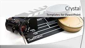  Presentation with movie reels - Amazing PPT theme having clapper board with movie light and film reels on white background backdrop and a white colored foreground