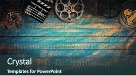  Presentation with film reels - Cool new PPT layouts with clapperboard and projector on old backdrop and a ocean colored foreground