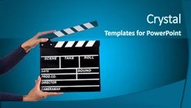  Presentation with female - Beautiful PPT theme featuring clapperboard sign hold by female backdrop and a ocean colored foreground